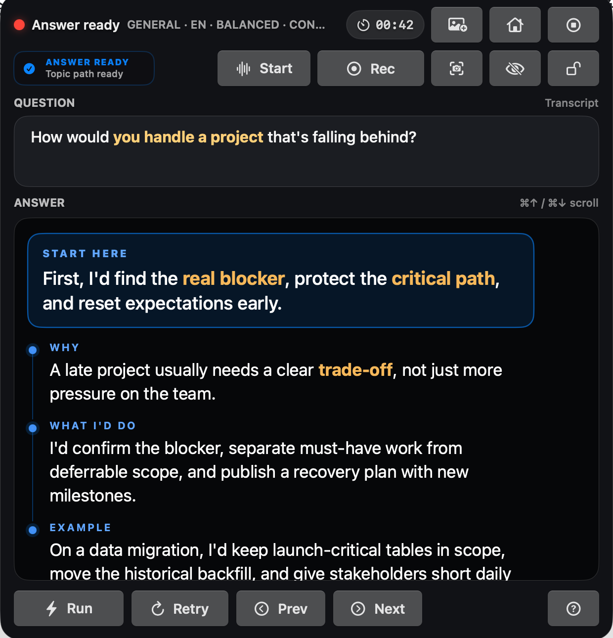 The real CueAside macOS overlay showing a general English project question and a structured spoken answer.